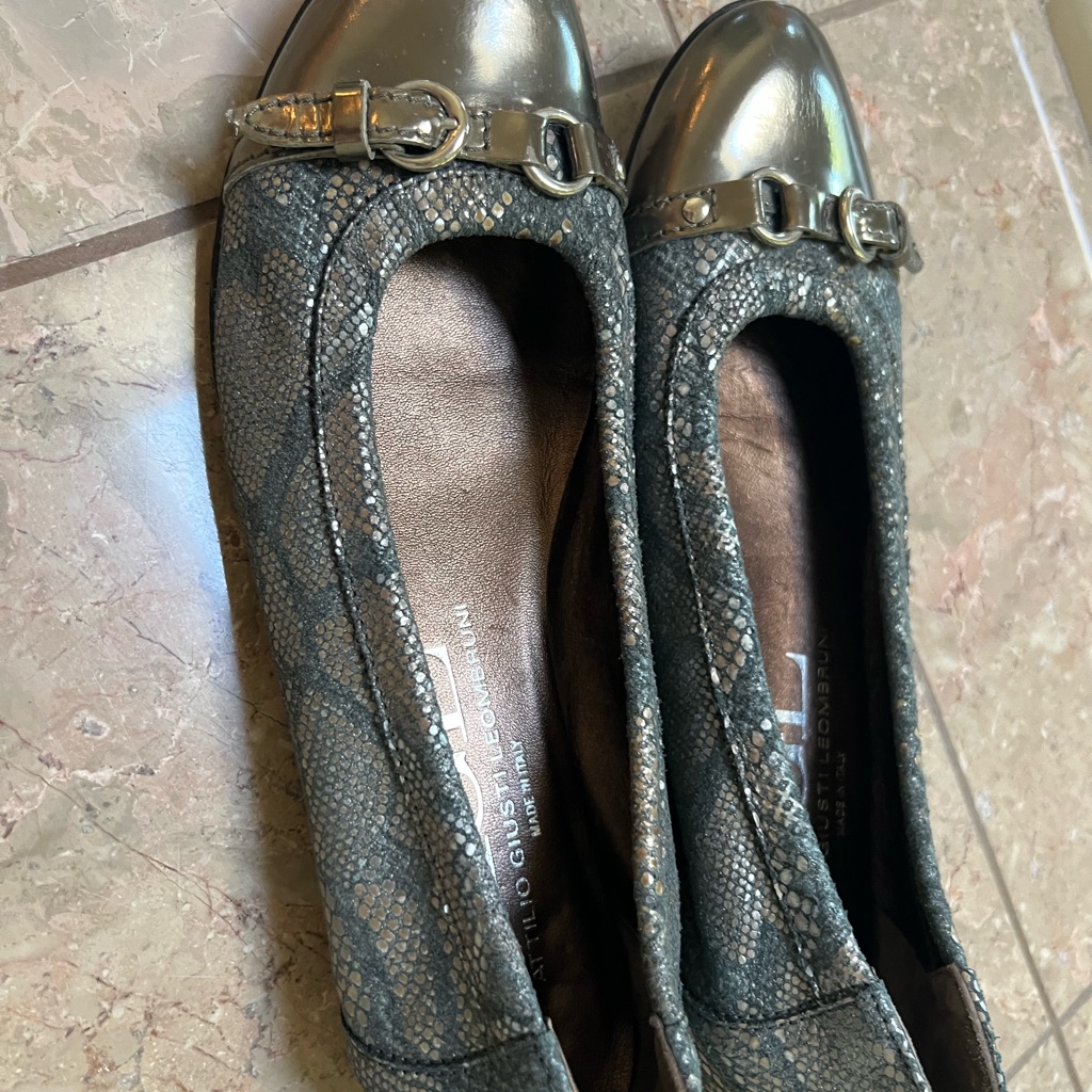 Agl Ballet Flat Grey Snakeskin Suede, Metallic Toe And Buckle